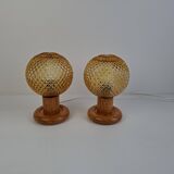 Pair of Mid-Century Table Lamps with Amber Glass and Wooden Base