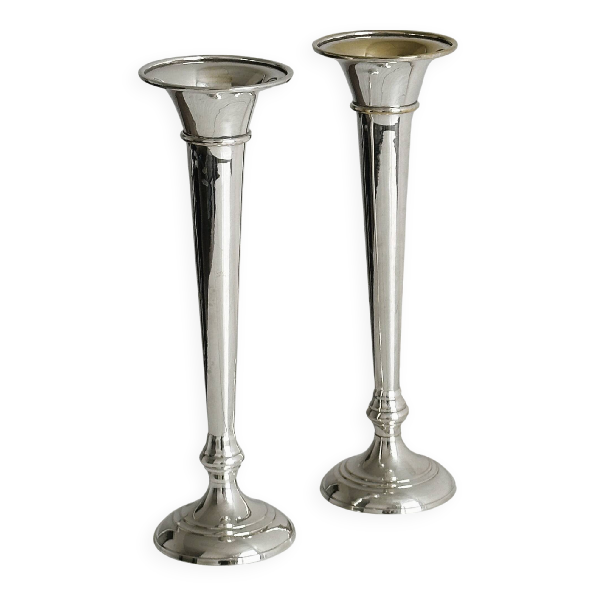 2 large patinated metal soliflores