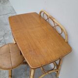 Coiffeuse en rotin vintage 1950 avec miroir soleil