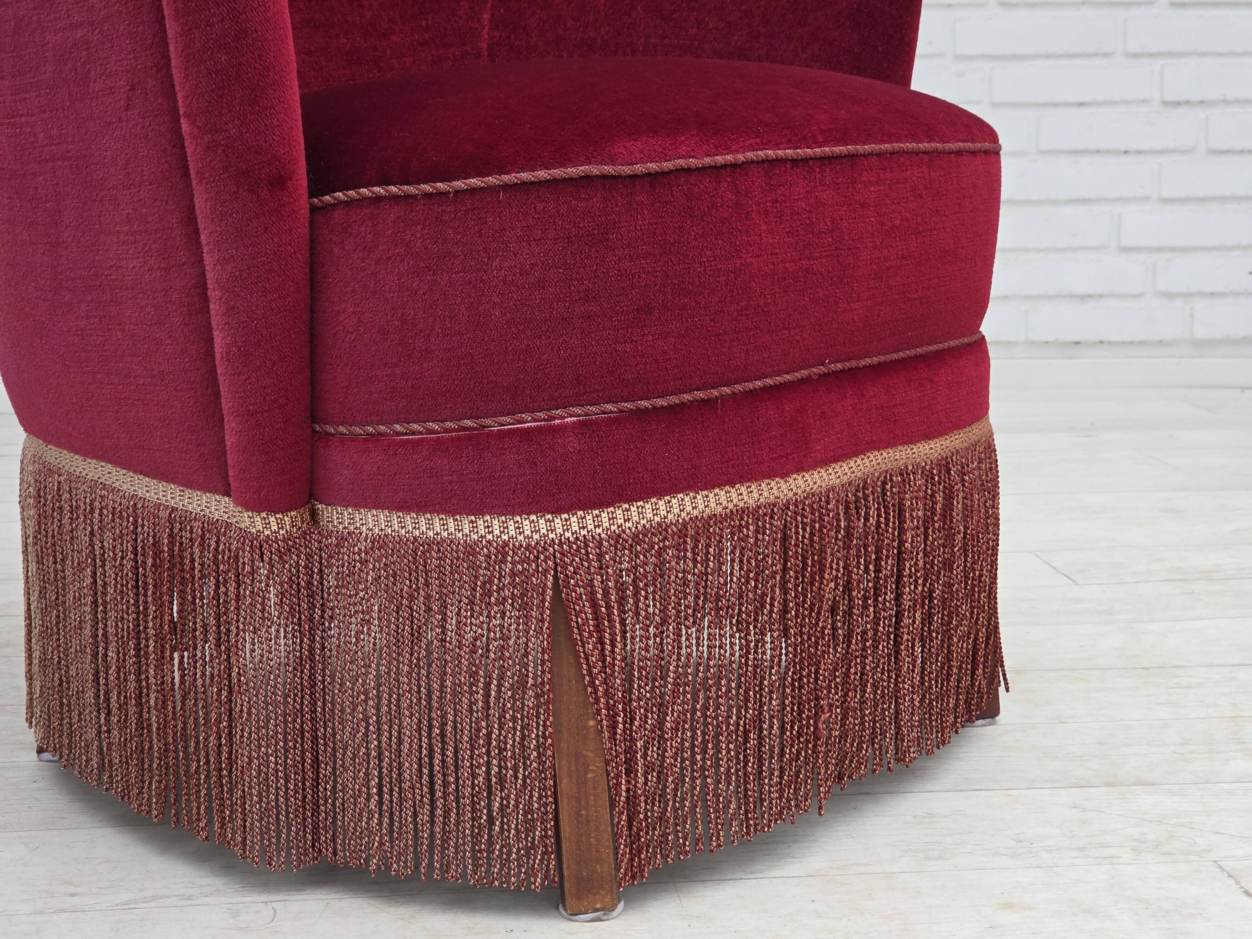 1970s, Danish highback armchair, red furniture velour, beech wood.