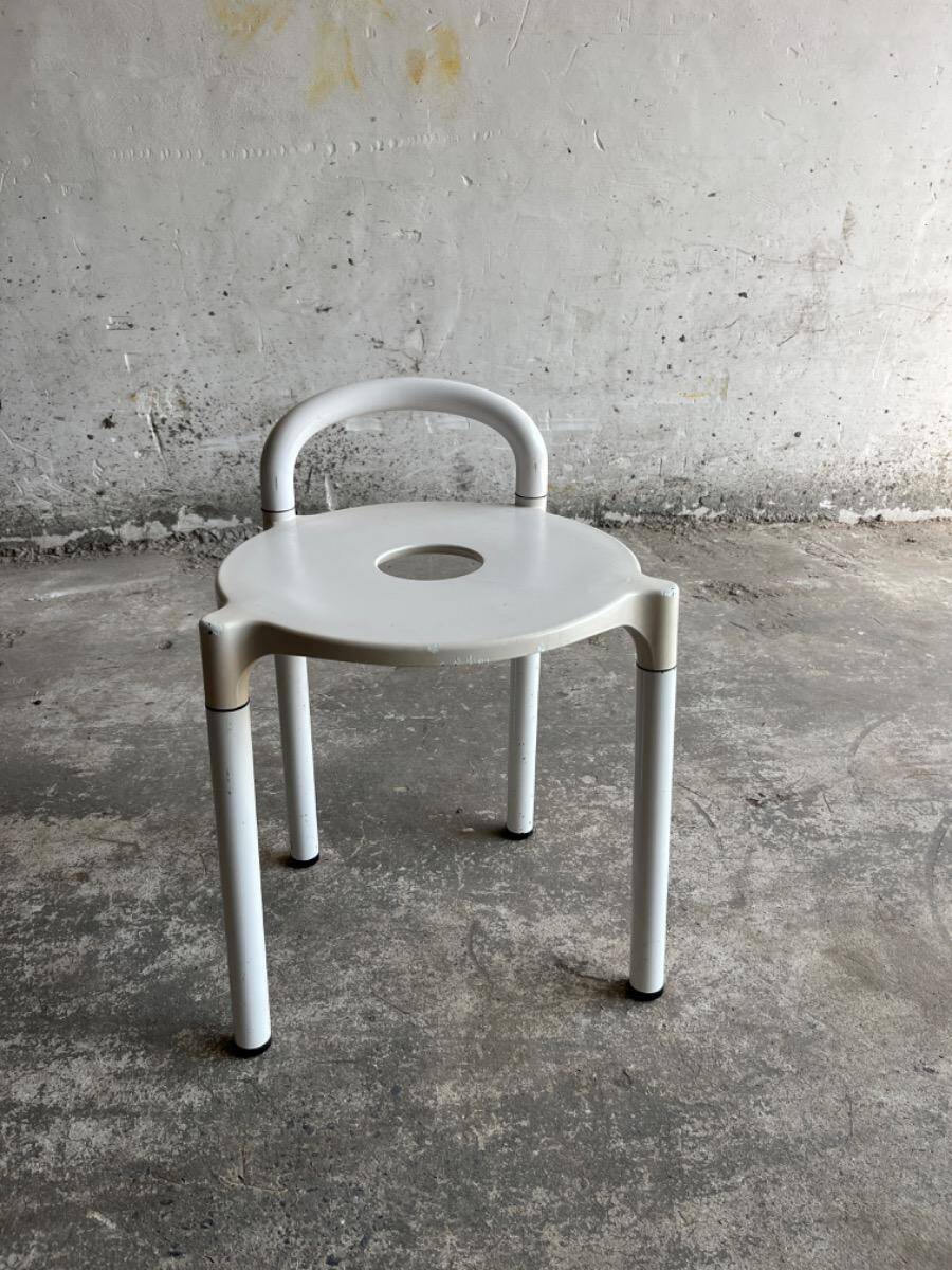 White molded plastic Kartell stool with metal legs — Anna Castelli Ferrieri, 1970s