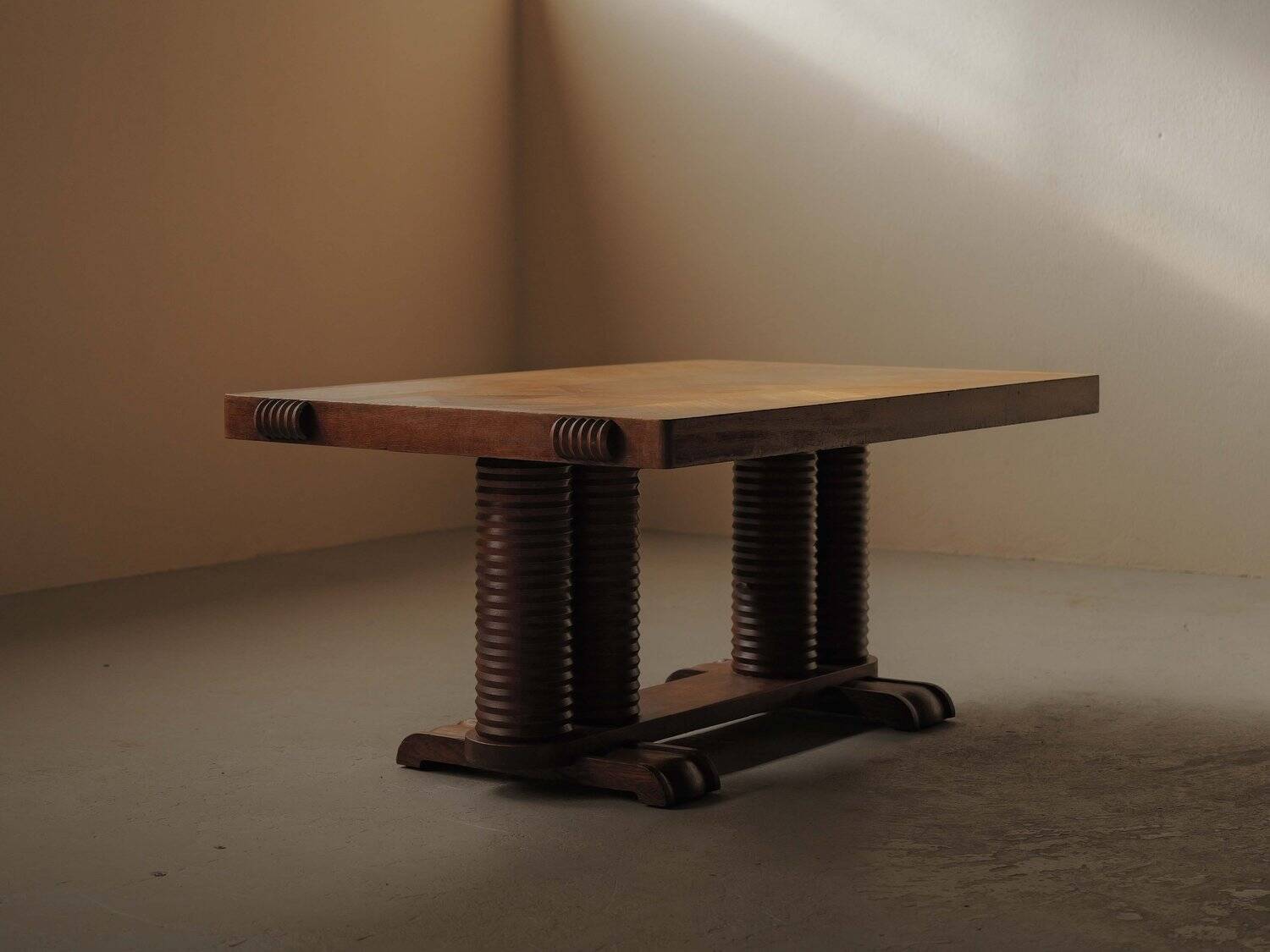 Solid oak table with marquetry, France, circa 1940.