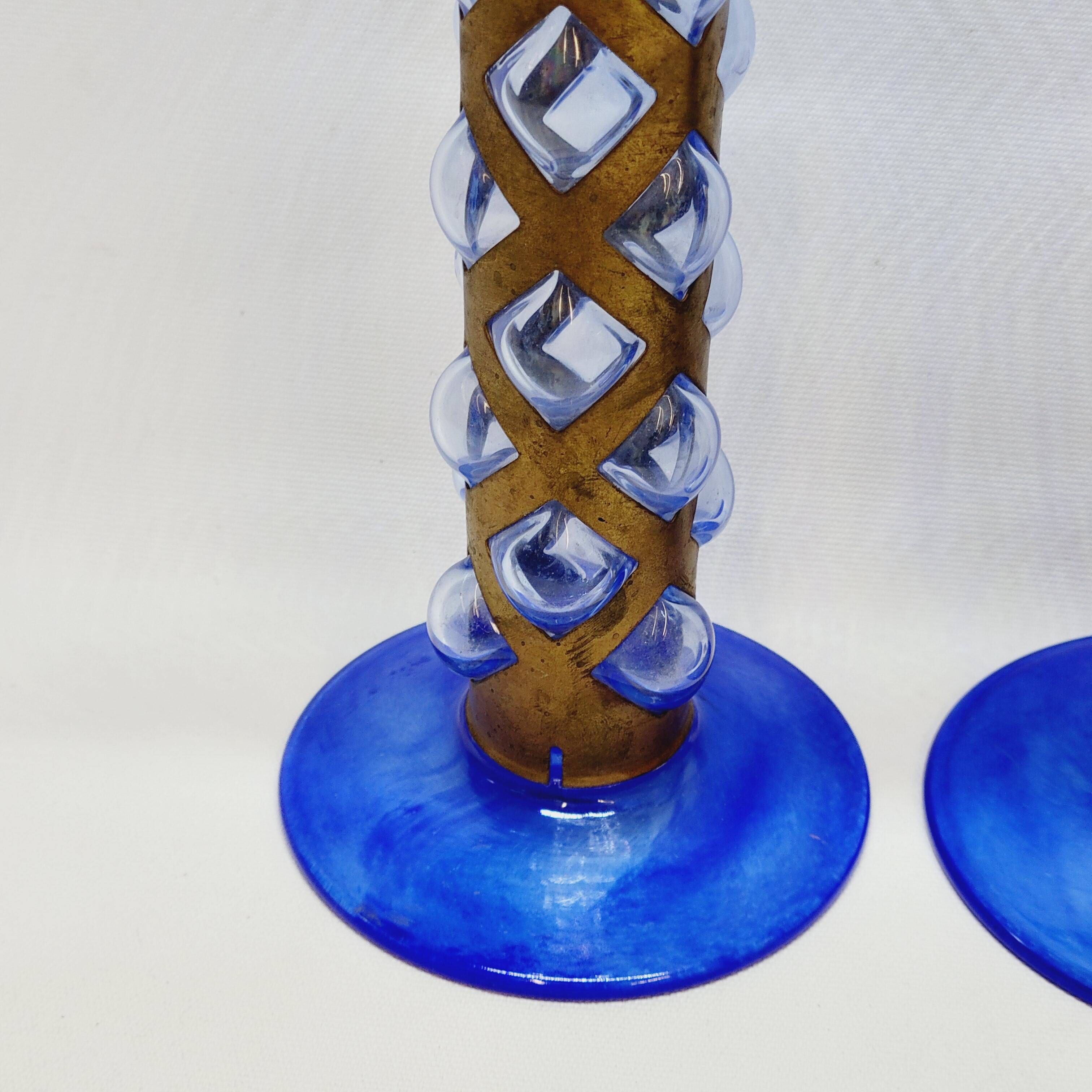 Pair Of Blue Glass Tealight Holders Blown In Cage Dlg Felipe Derflingher