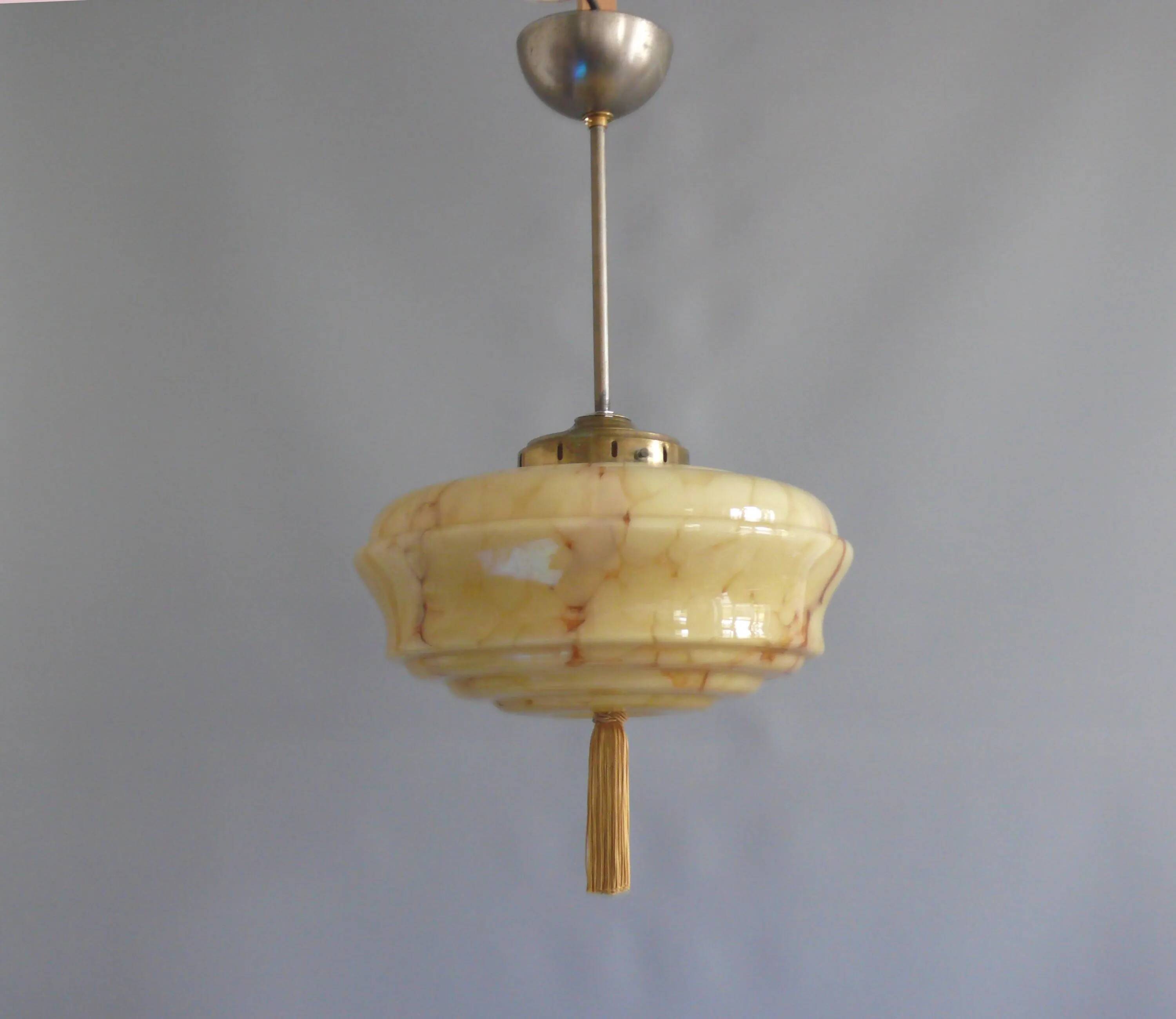Art Deco rod pendant lamp with marbled glass shade, Germany 1930s