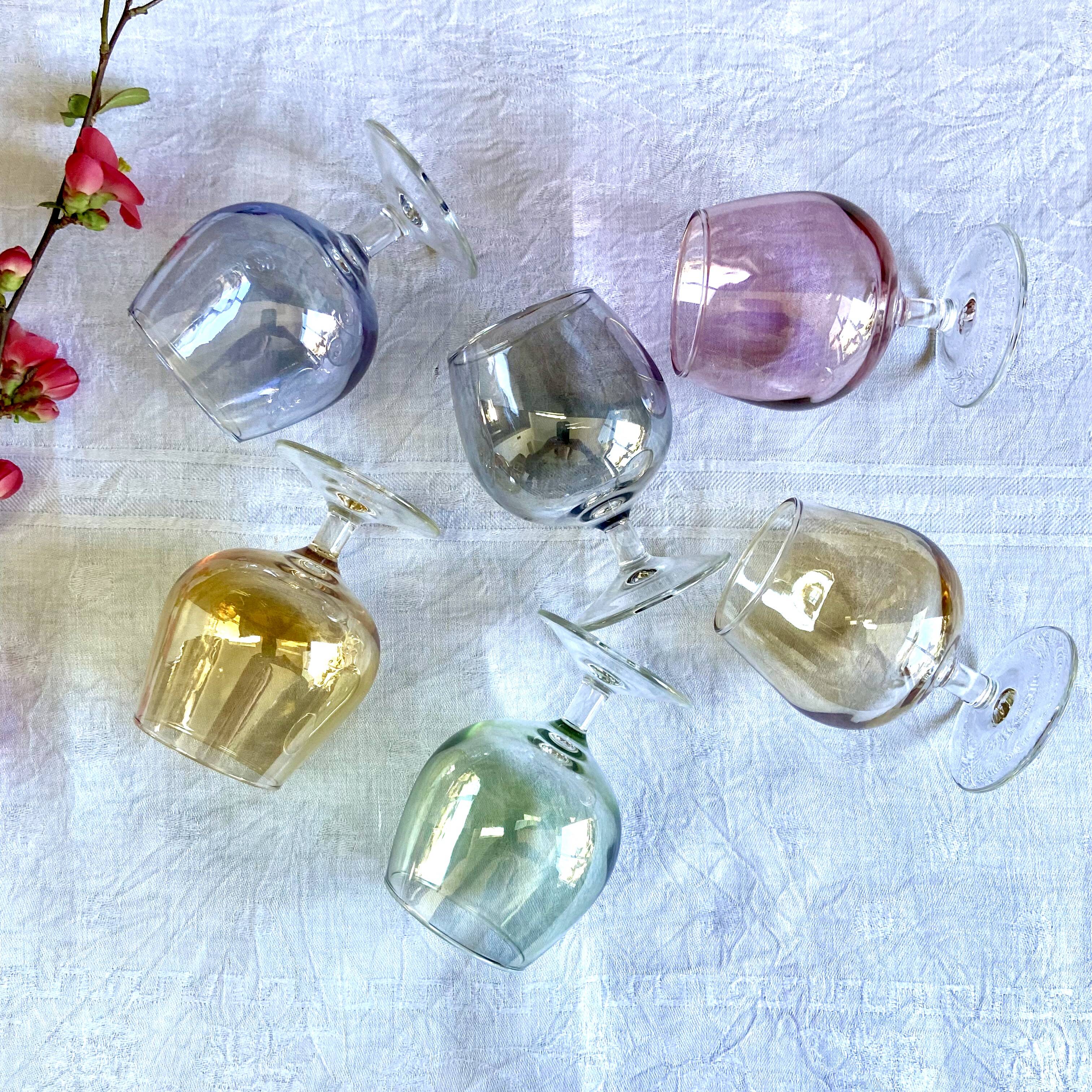6 vintage glasses of iridescent colors