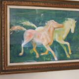 Framed painting representing horses, signed, XX th