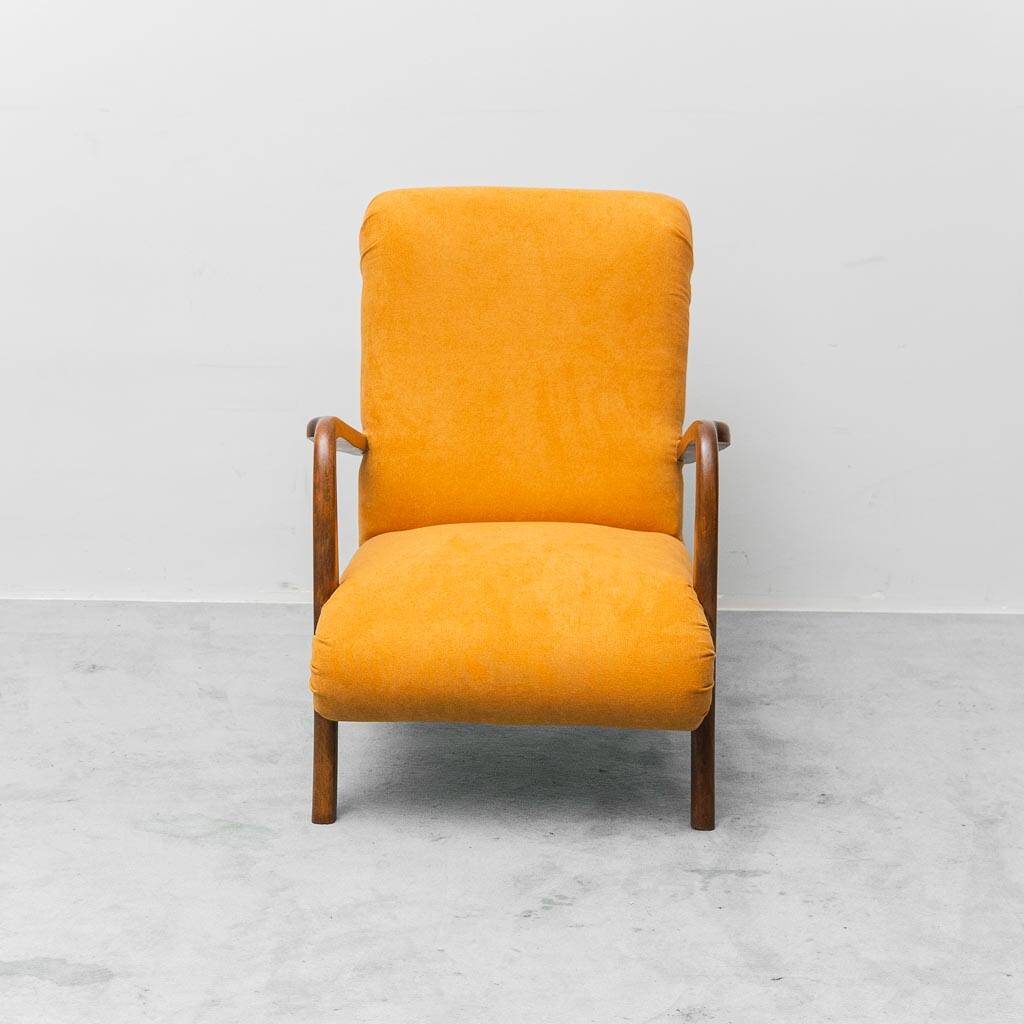 Scandinavian vintage armchair in orange fabric and wood, 1960s modernism