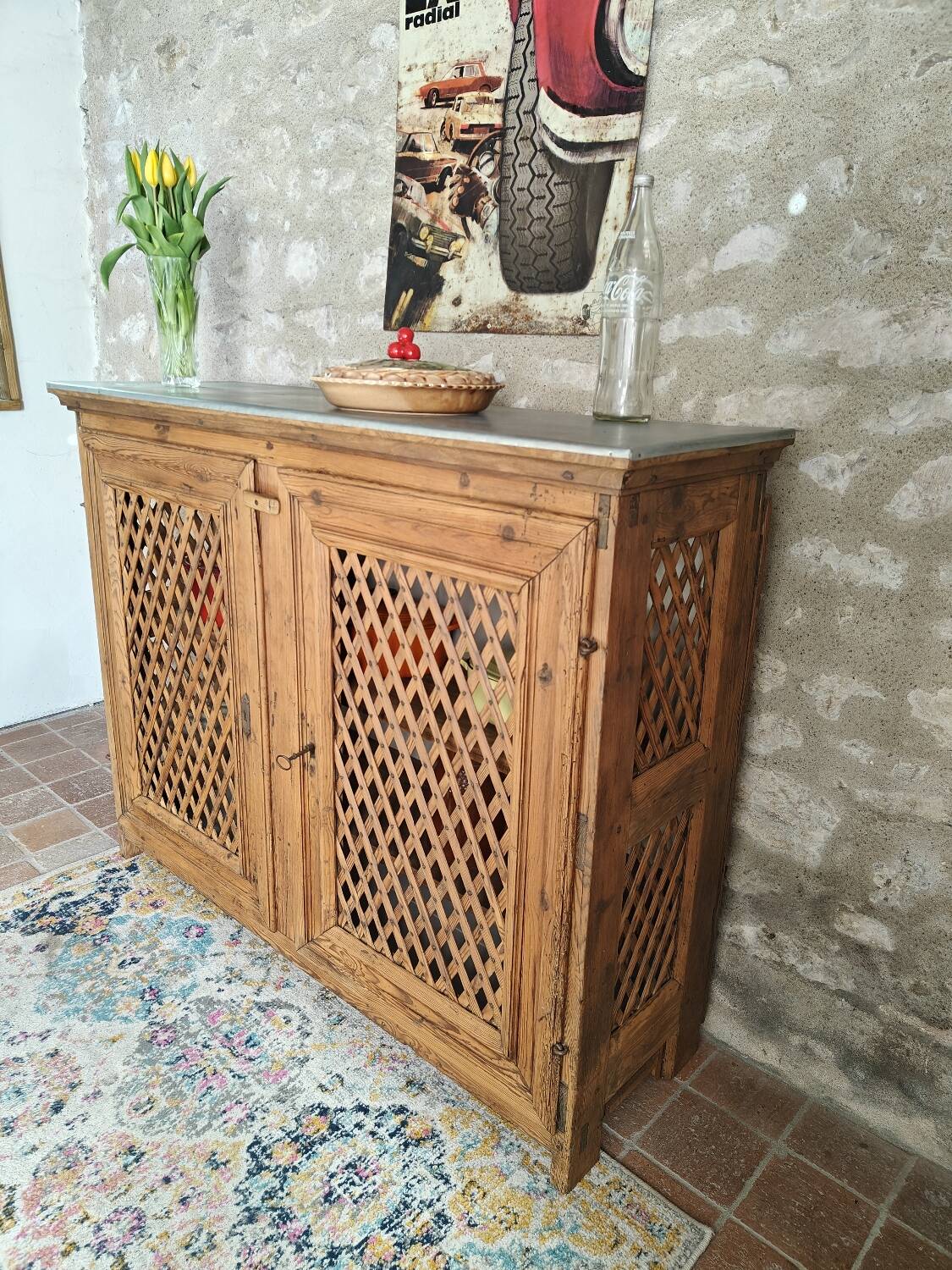 Antique solid pine sideboard with zinc top.