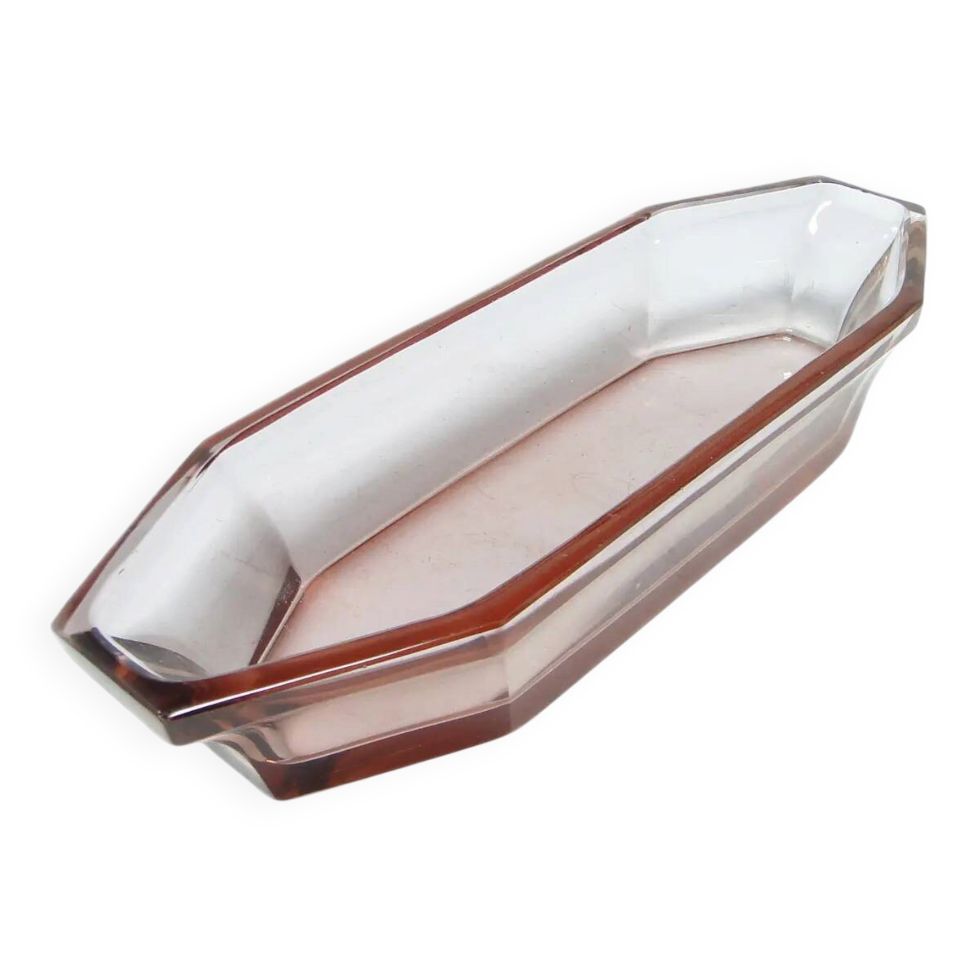 Organisateur de bureau Art Déco, cristal rose, Tchécoslovaquie, années 1930.