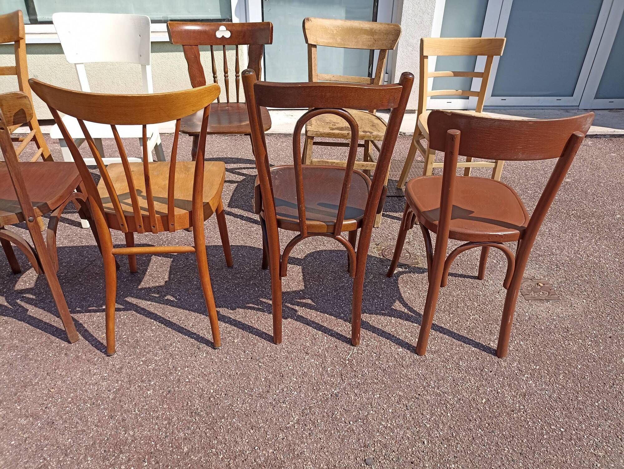 Set of 18 mismatched wooden bistro chairs - vintage