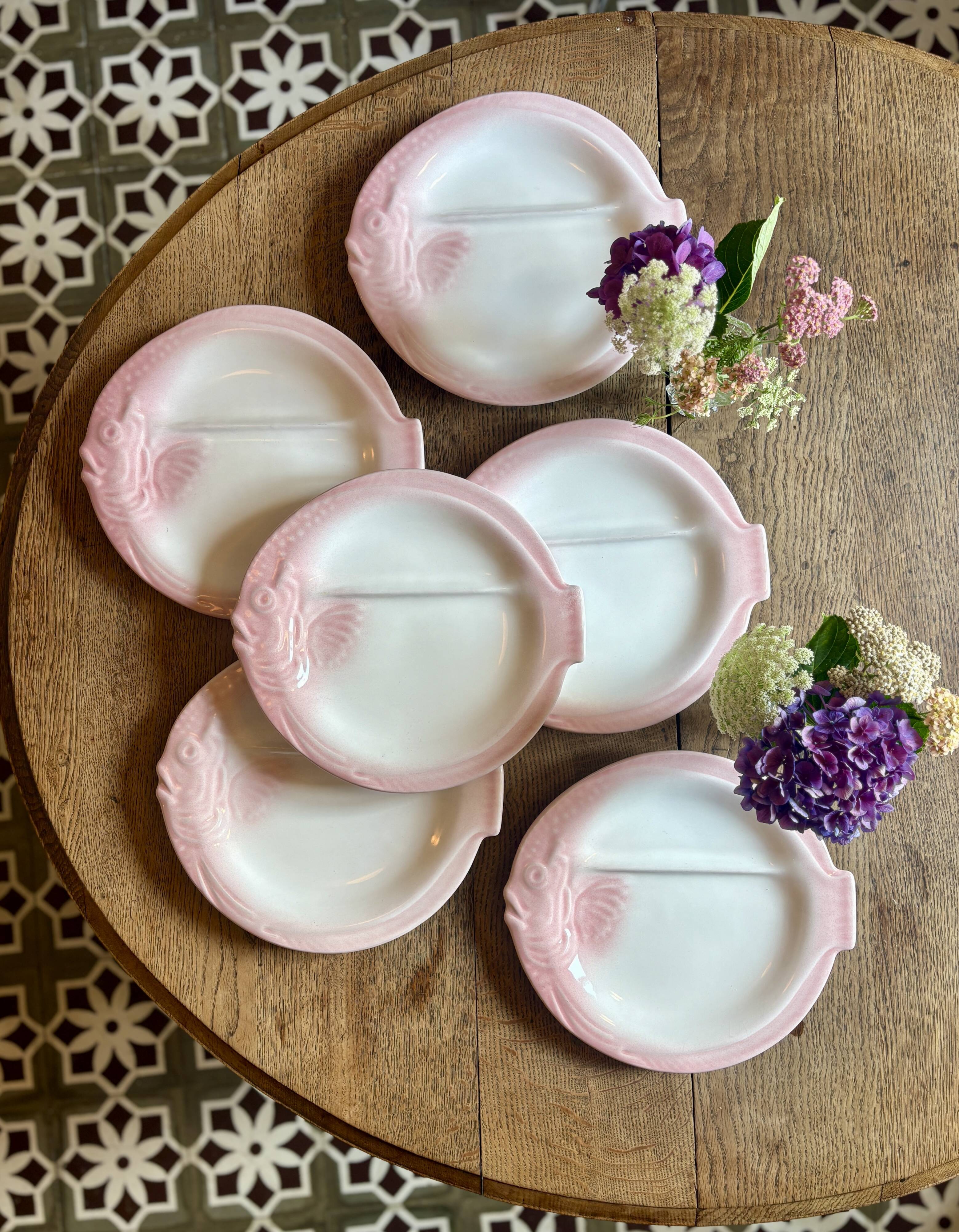 Set of 6 vintage plates in the shape of pink and gray fish - Nidervillier