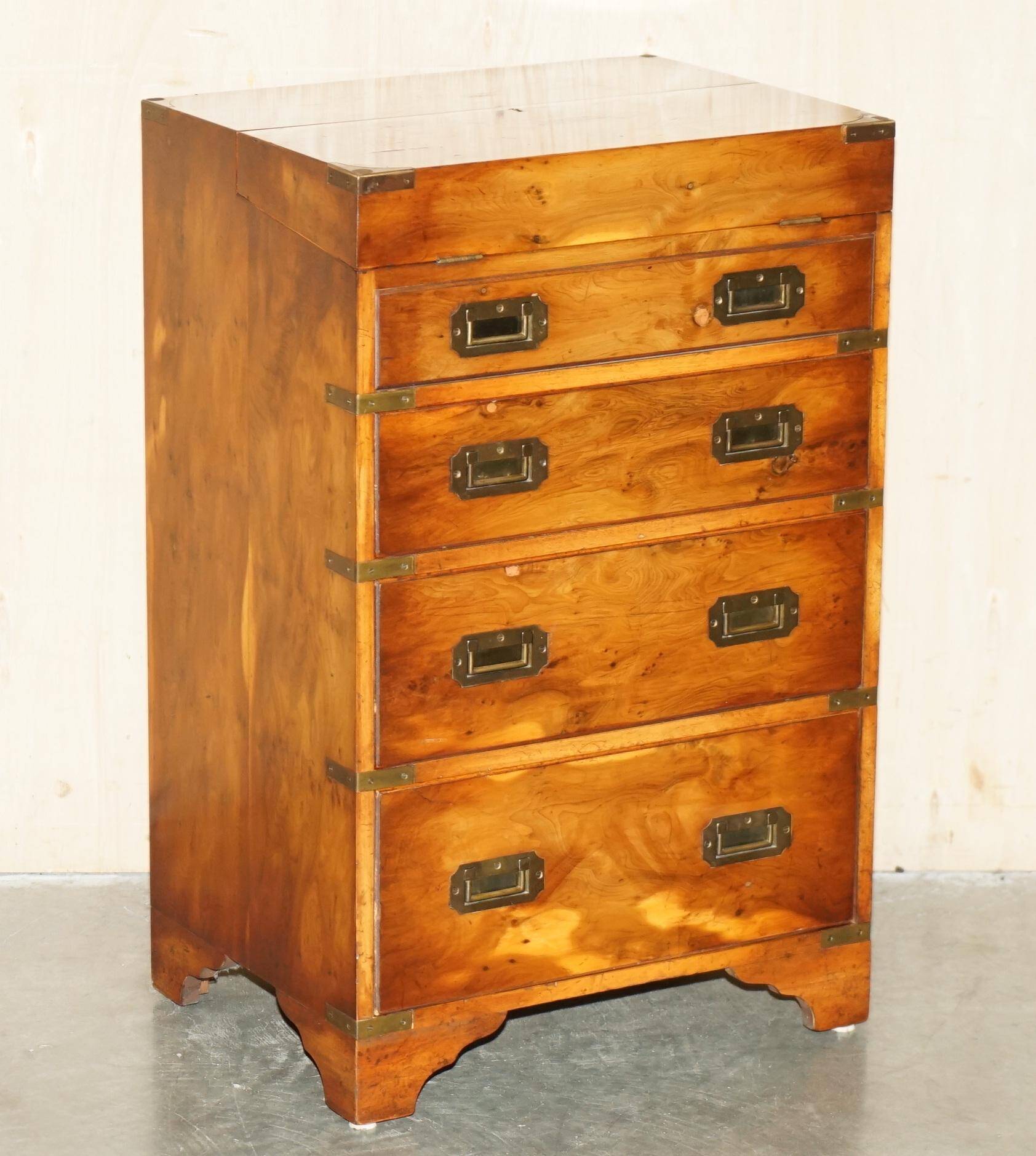 Military desk Harrods in Burr Yew wood with leather, country style.