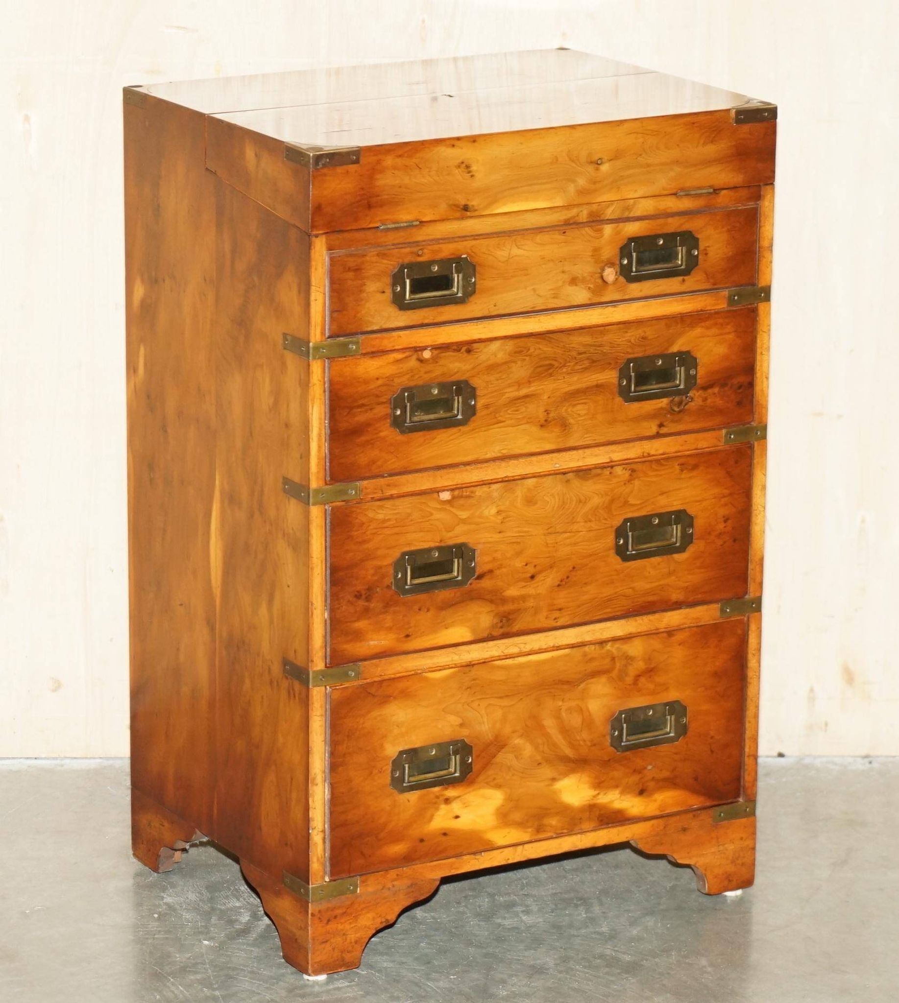Military desk Harrods in Burr Yew wood with leather, country style.