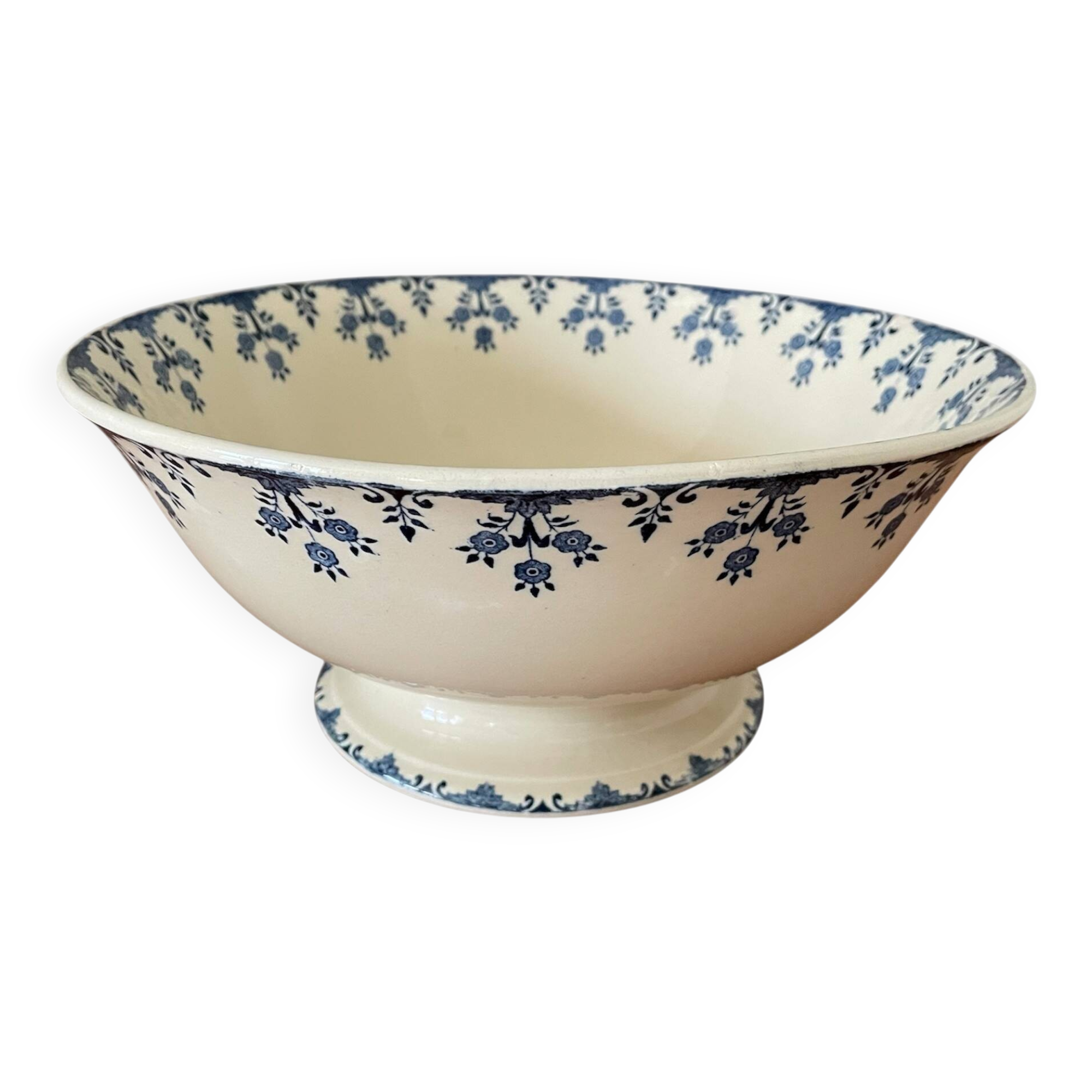 Large antique pedestal salad bowl in Gien earthenware.