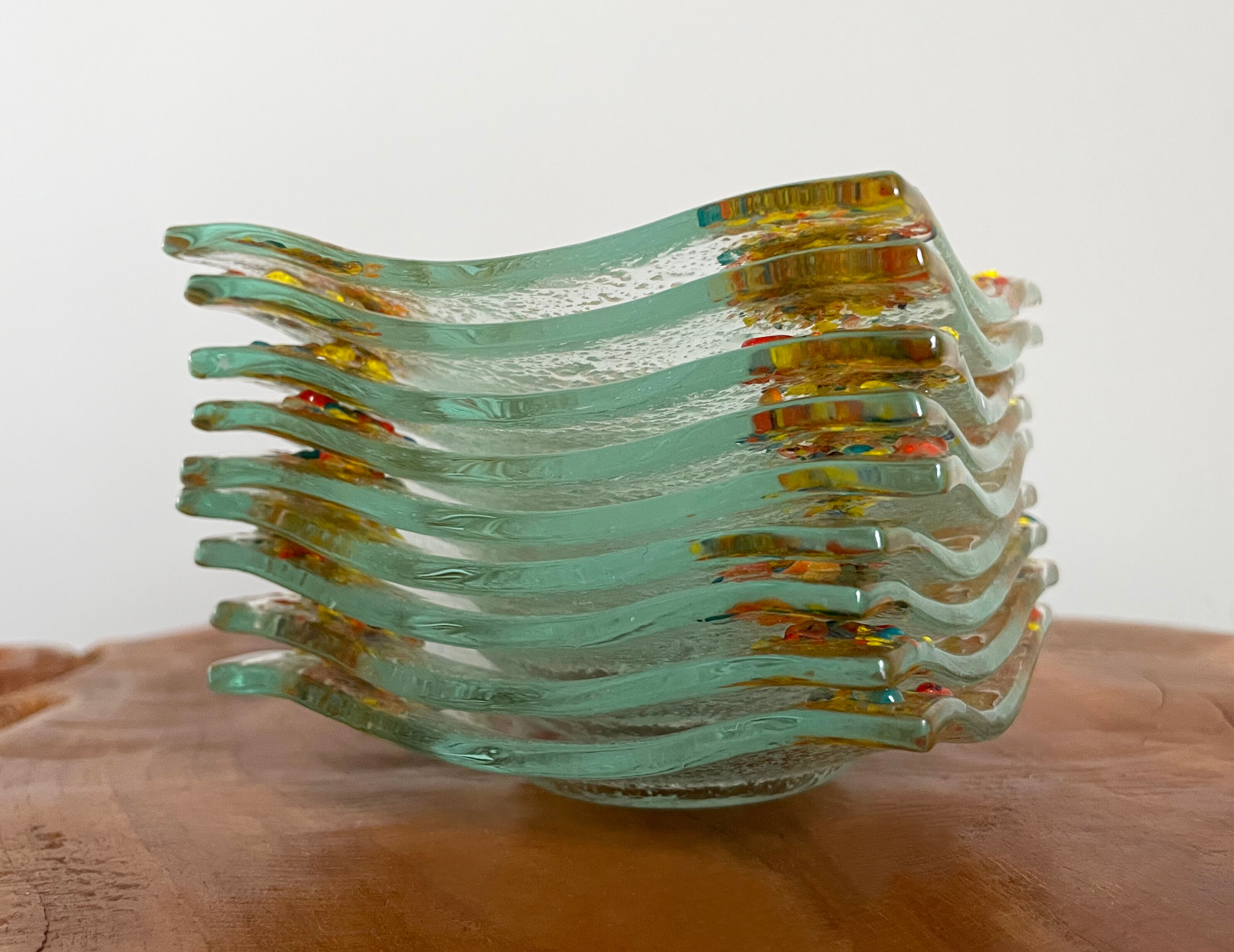 Art glass tea light holders or plates, fused glass with bright rainbow colours