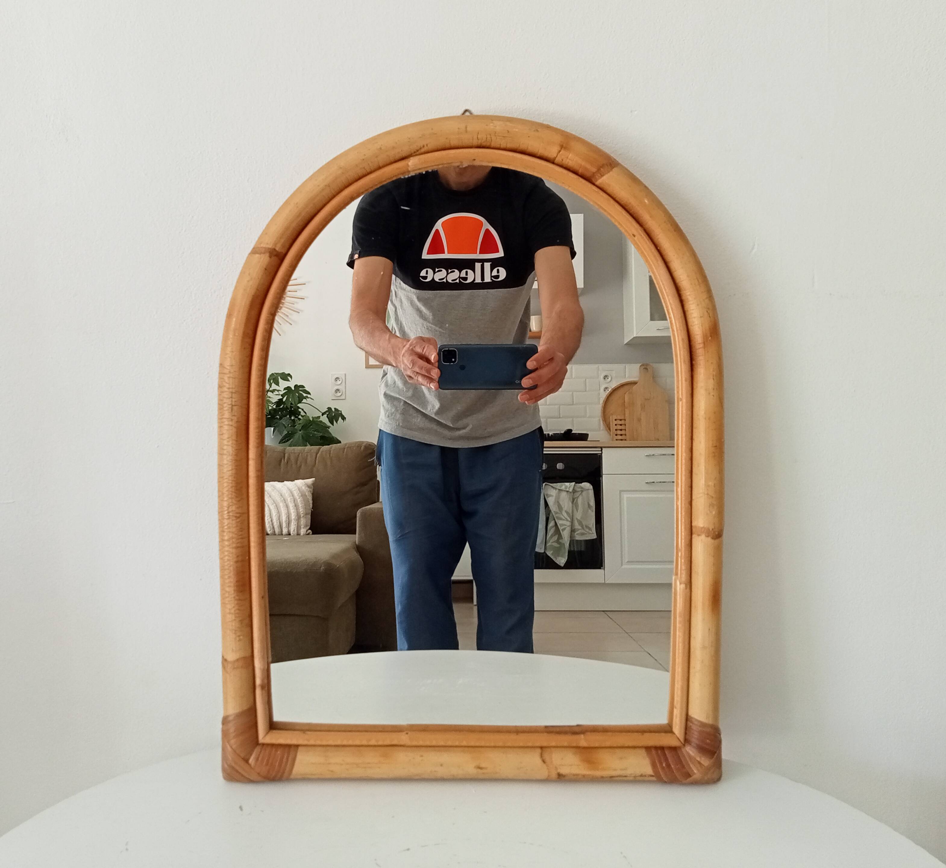 Vintage bohemian arch mirror in bamboo and rattan
