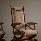 Pair of sculptural Danish modern rocking chairs in lambswool and oak, brutalist, 1950.
