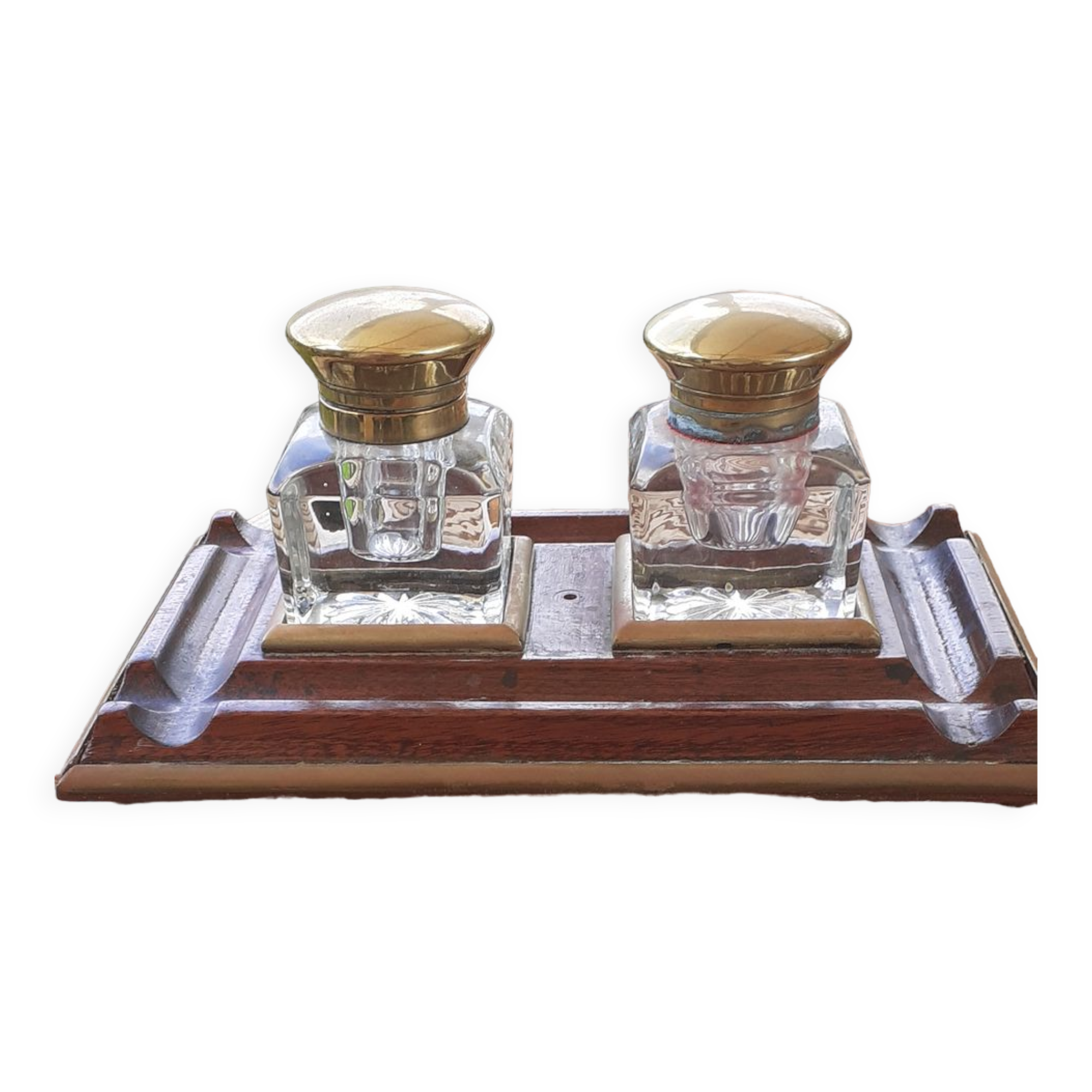 Art Deco inkwell in baccarat crystal, brass and rosewood