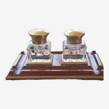 Art Deco inkwell in baccarat crystal, brass and rosewood