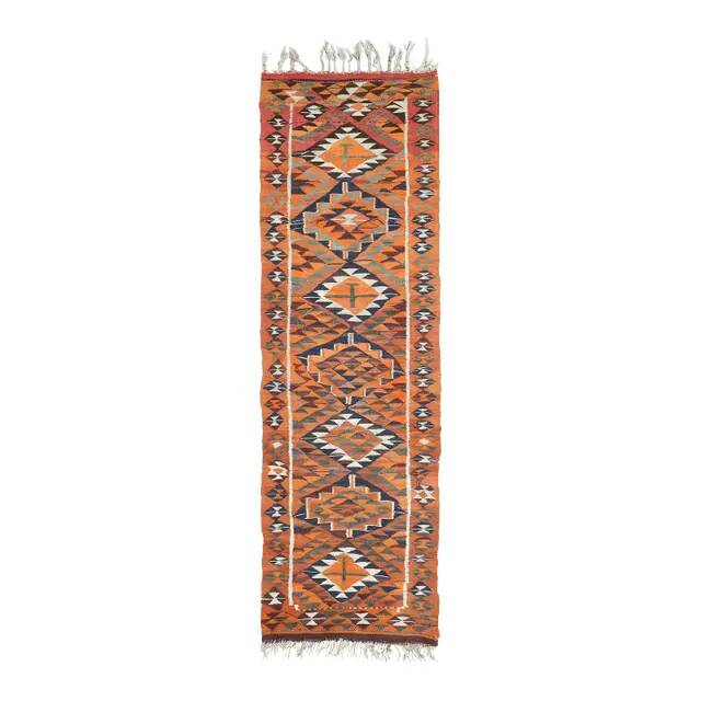 1970s Vintage Turkish Hand-Knotted Wool Cotton Orange Runner Rug 104x338