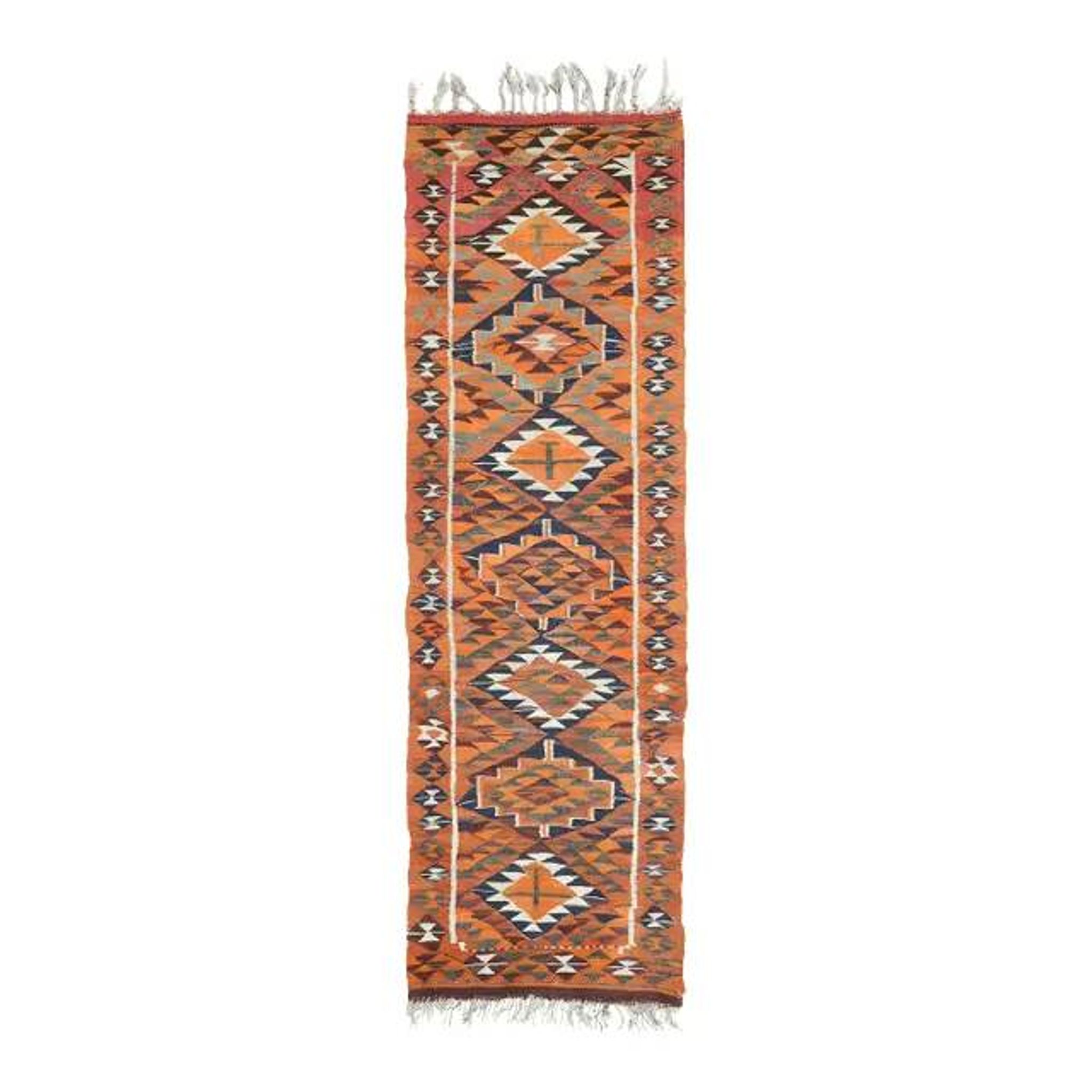 1970s Vintage Turkish Hand-Knotted Wool Cotton Orange Runner Rug 104x338
