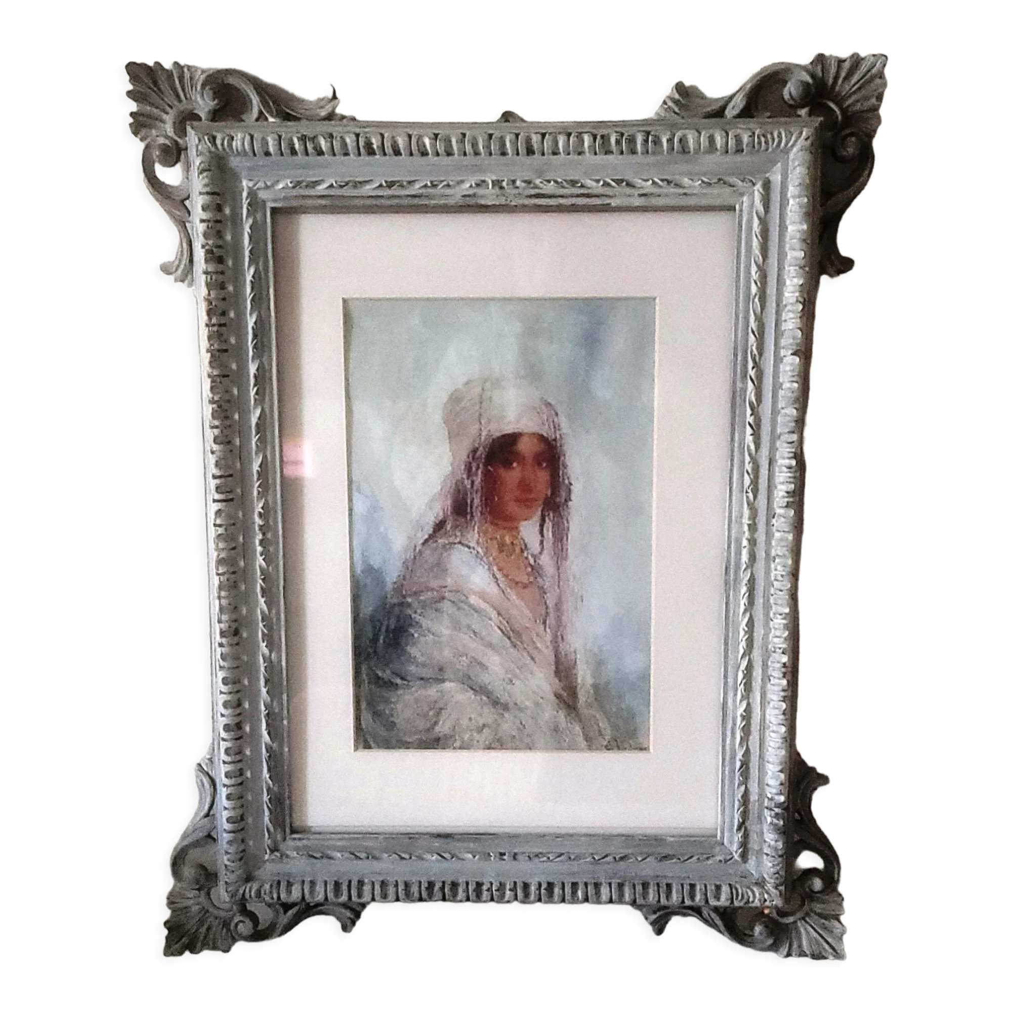 Portrait femme orientale lithographie dans cadre patiné