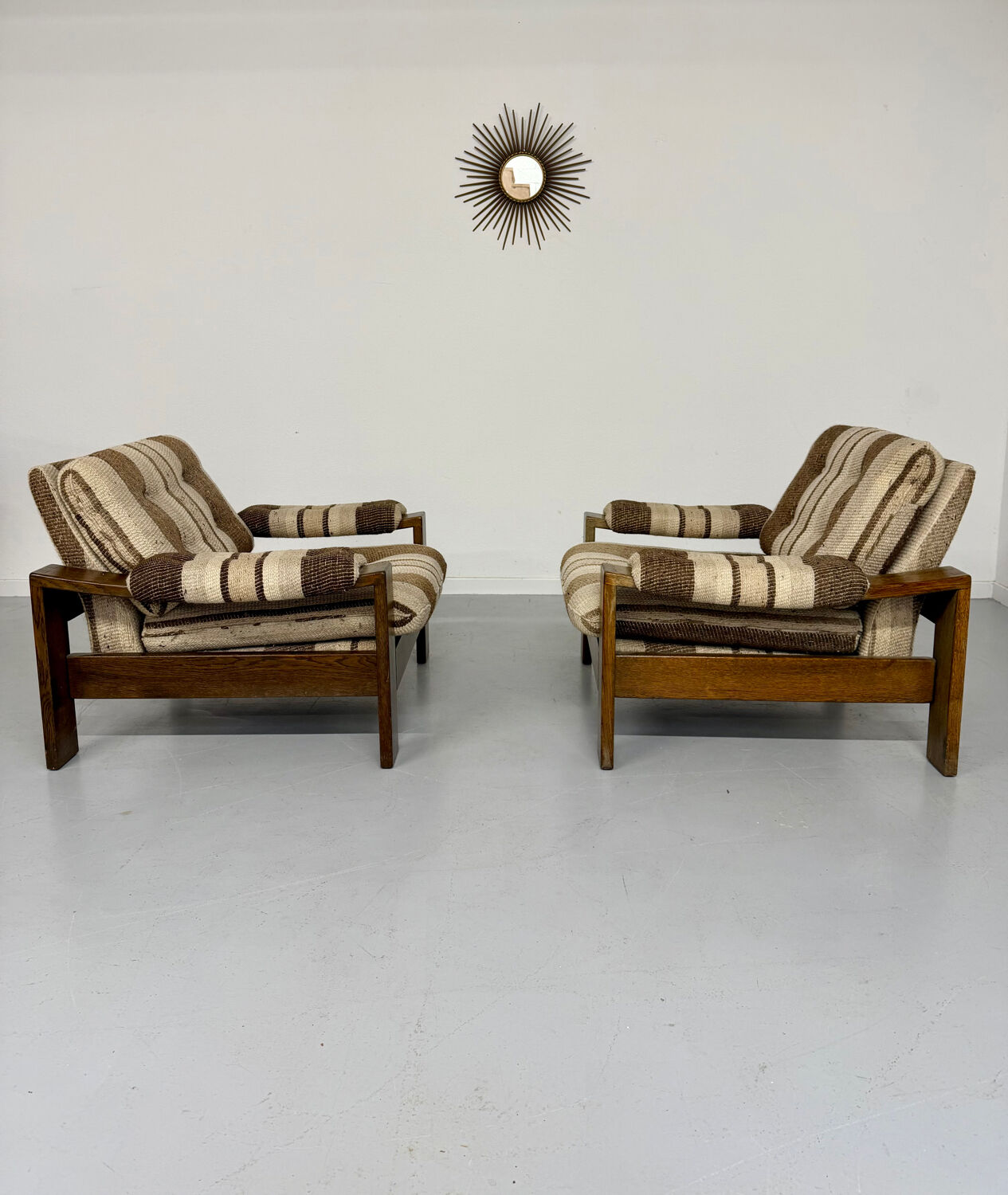2 vintage 1970s wooden and fabric armchairs