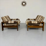 2 vintage 1970s wooden and fabric armchairs