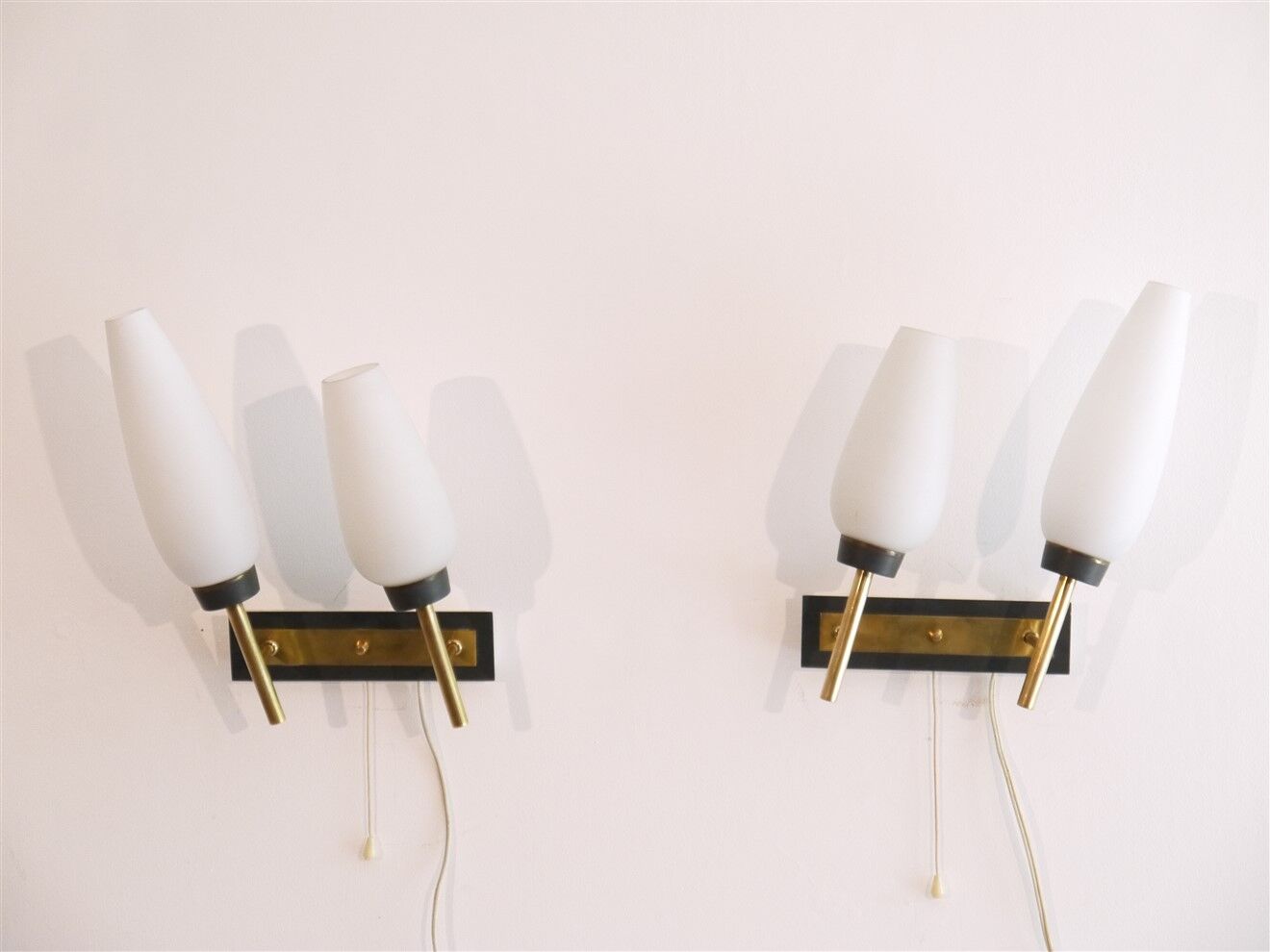 Pair of vintage brass metal and opaline wall lamps 1960