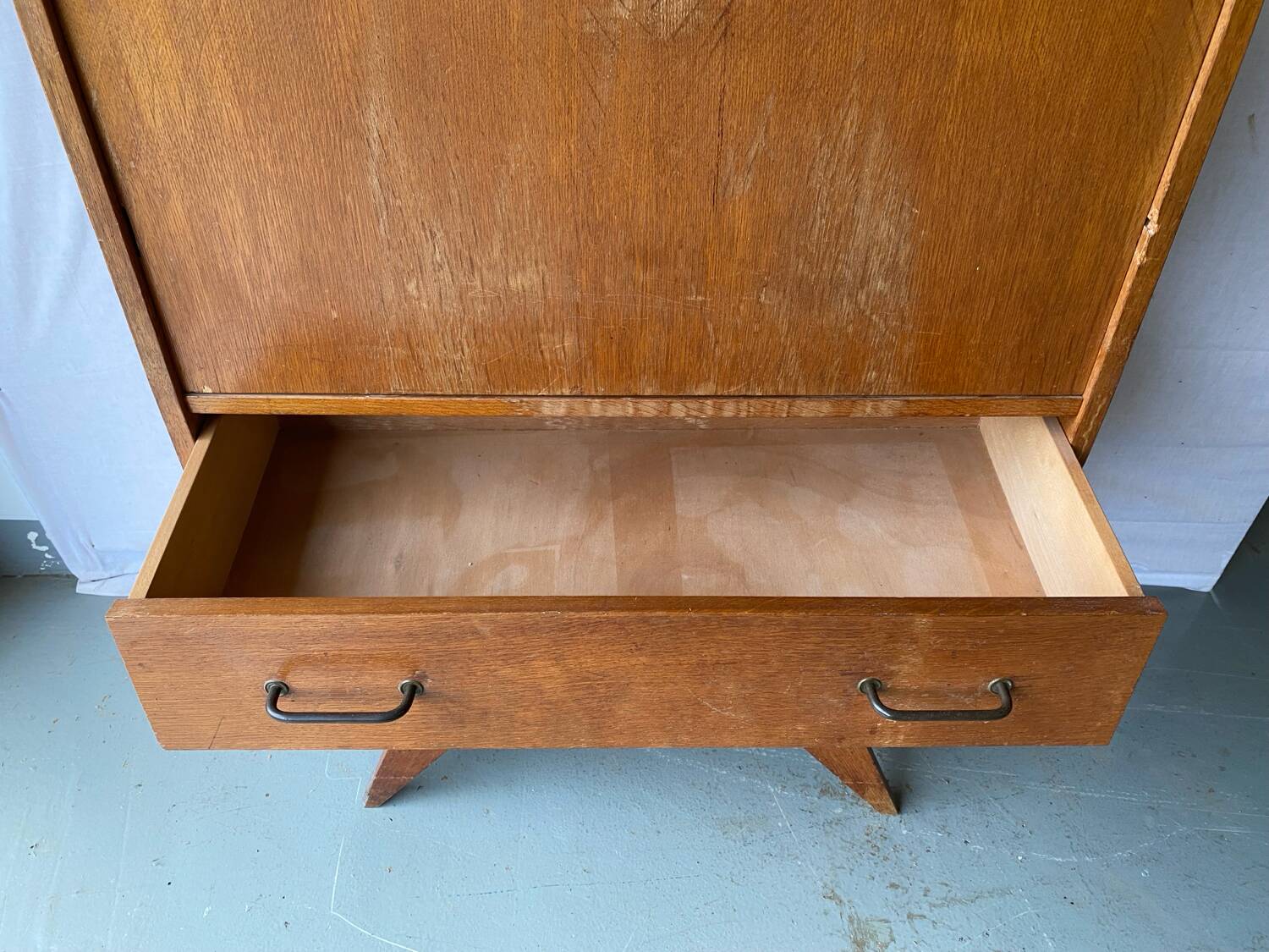 Vintage Scandinavian wooden secretary with display cabinet, desk and drawers