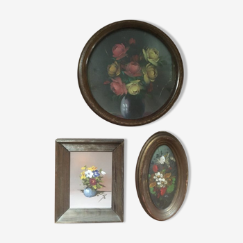 Set de 3 petites peintures encadrées fleuries et assortis