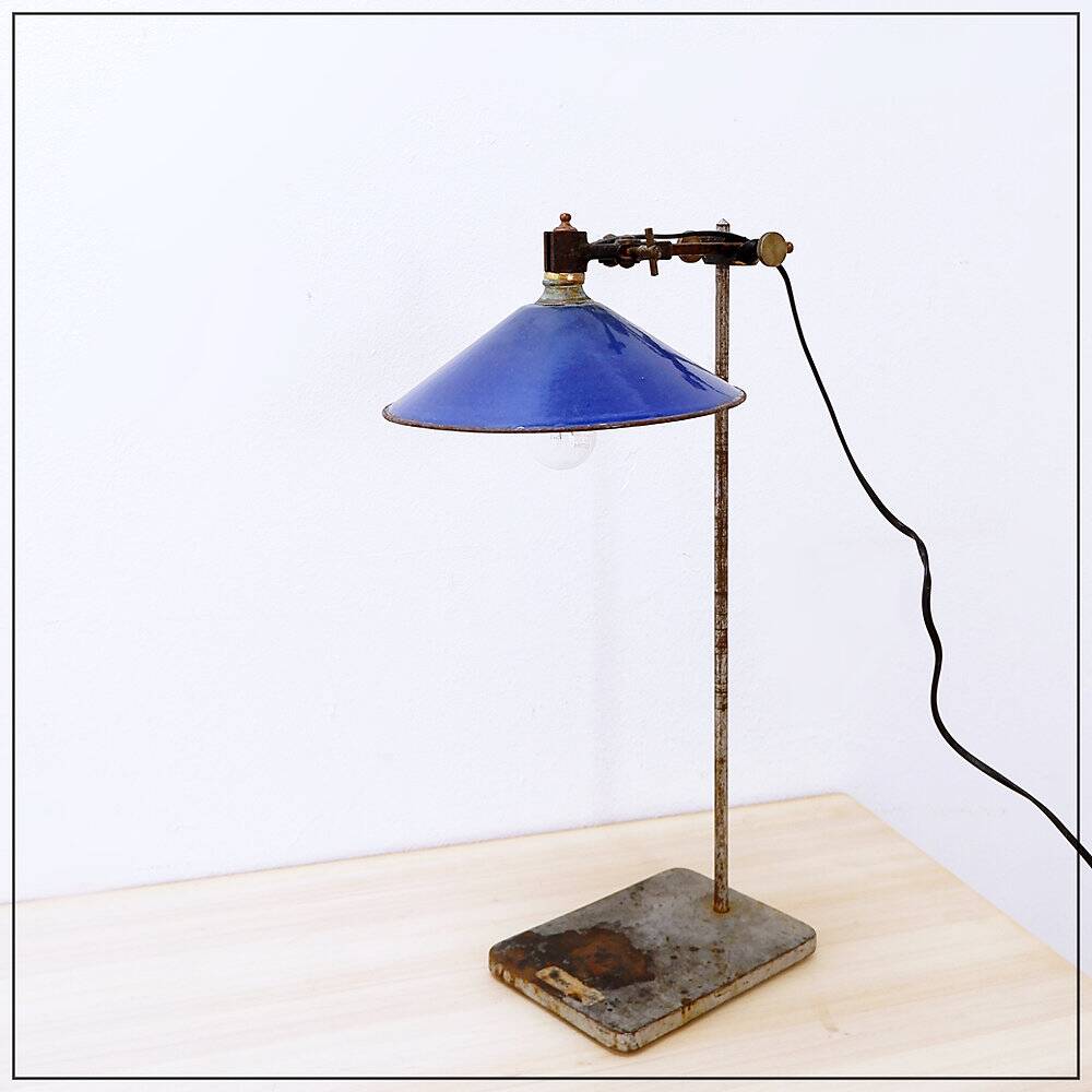 Industrial desk lamp with cobalt blue enamel shade - 1950s
