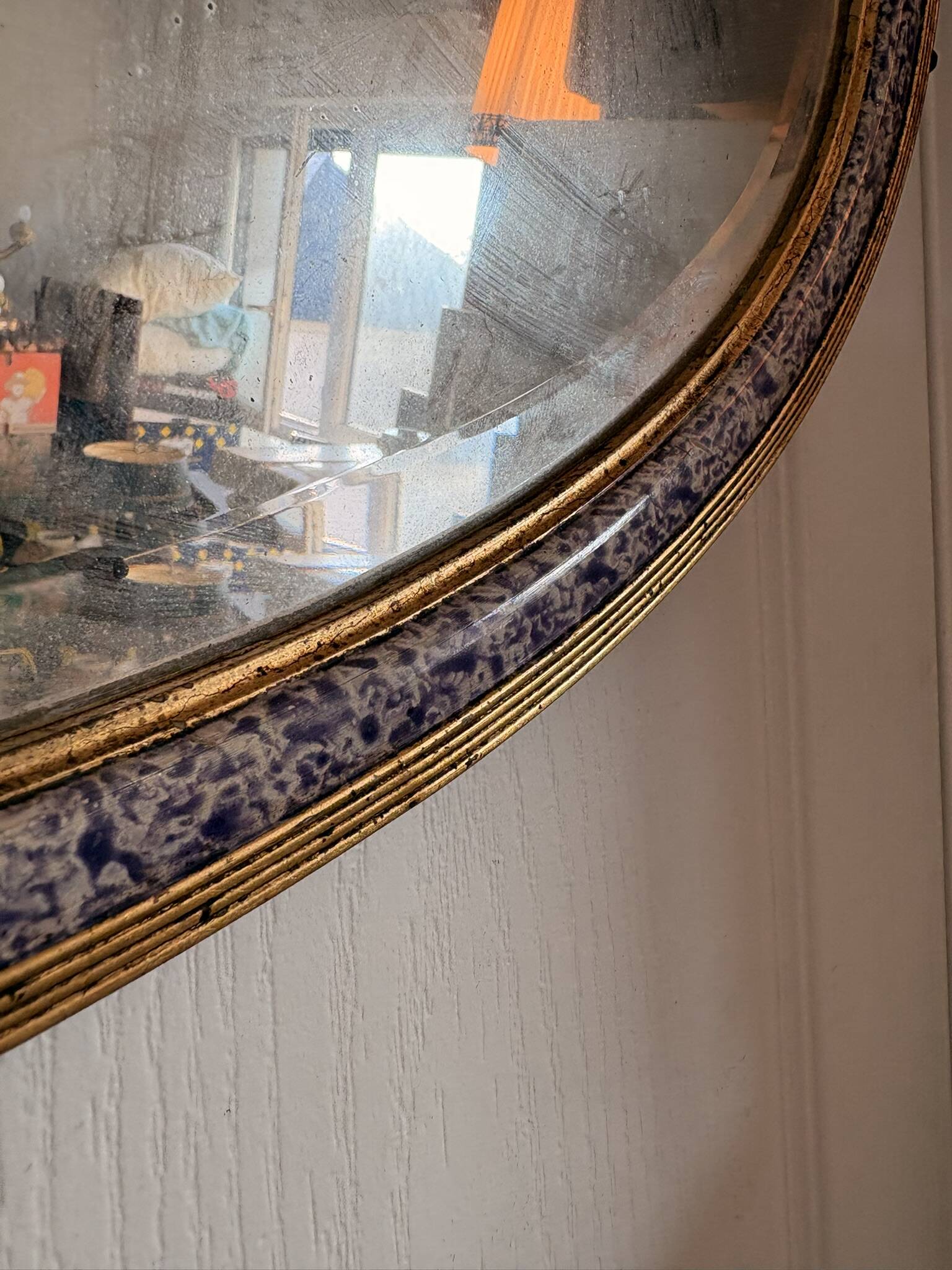 Vintage Bevelled Oval Wall Mirror Brass Wood Plastic