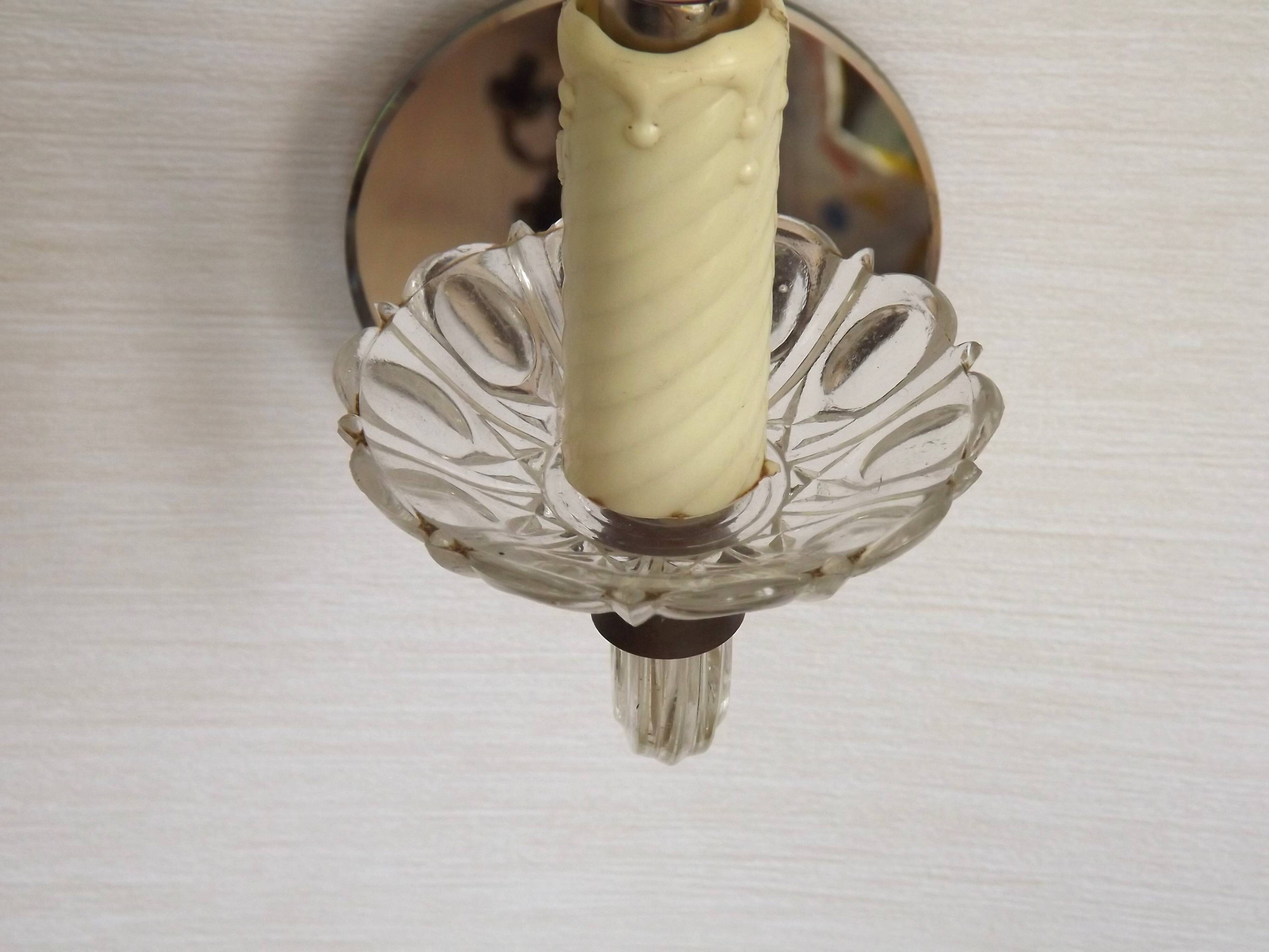 French Vintage Small Mirrored Backplate Wall Sconce Glass Arm & Bobeche