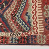 Kilim Ancien Fait Main en Laine Rouge et Bleu,Tapis Plat Vintage,165x231 Cm
