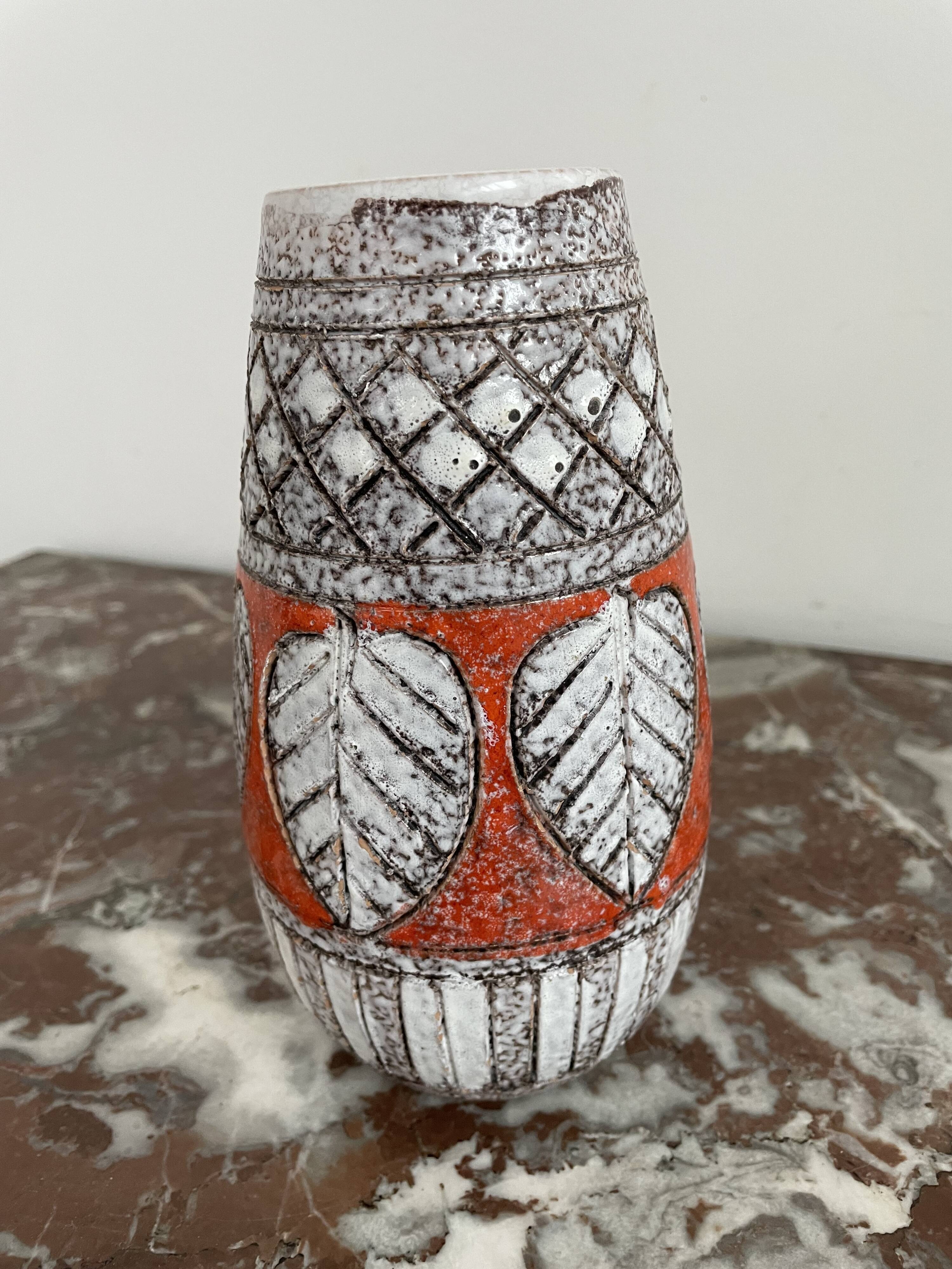 Vintage, vase, Fratelli Fanciullacci sgraffito, 50s, orange, leaf decoration, signed, numbered