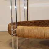 Table basse vintage en verre, rotin et lucite années 70