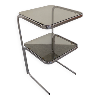 Chrome and smoked glass side table or end table, France circa 1970.