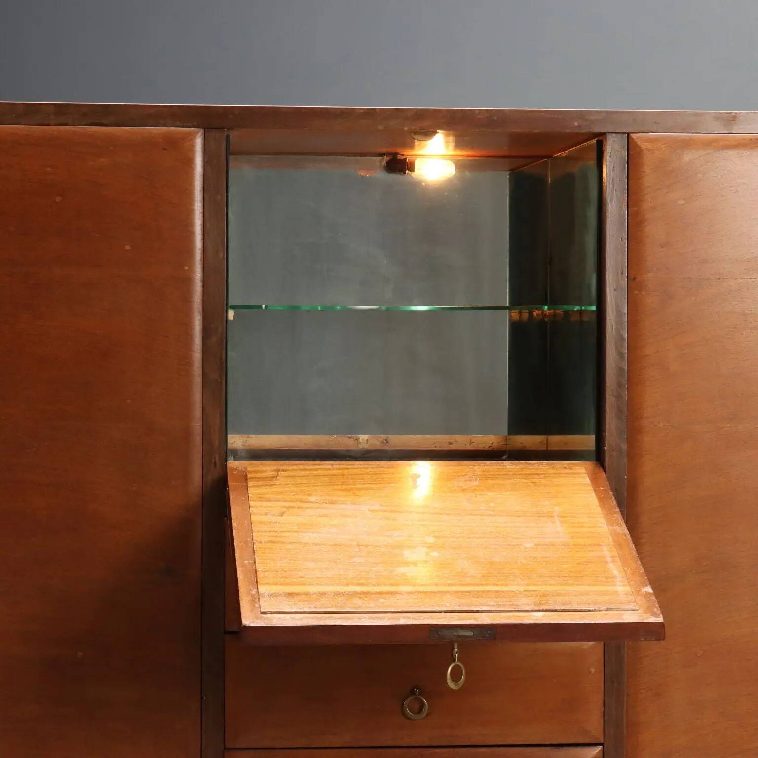 Vintage mahogany sideboard with bar compartment, 1950s-60s design.