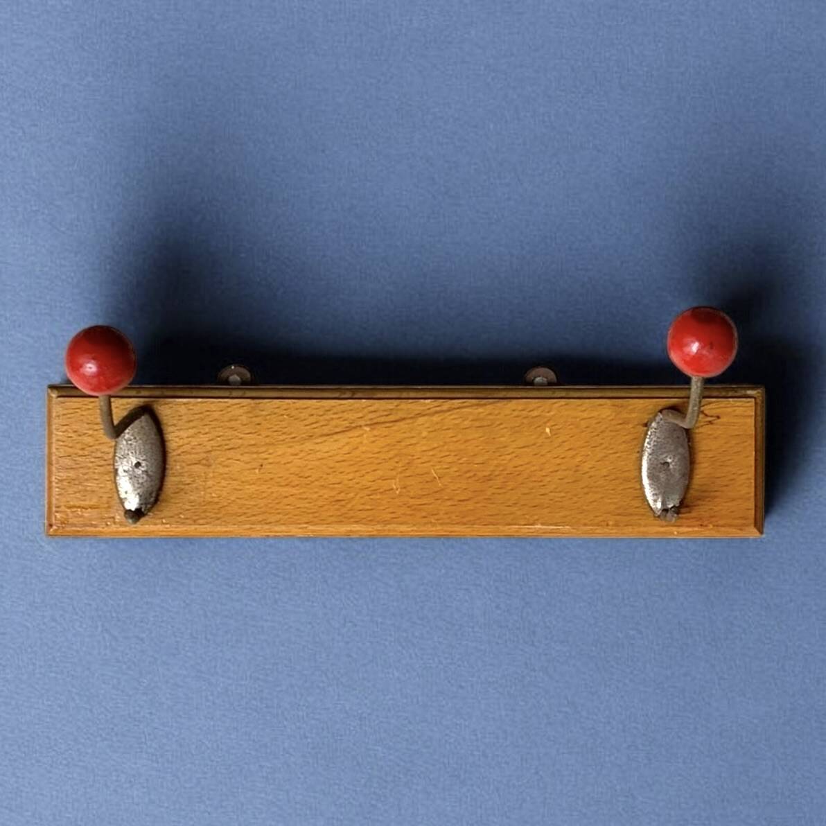 Vintage wall coat rack - double hook - red wooden balls