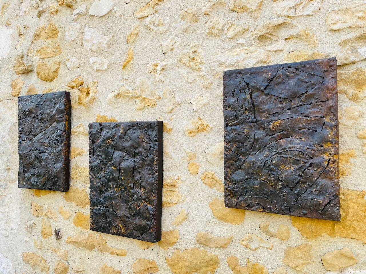 Set of three brutalist wall sculptures, by Irv Bramberg, vintage