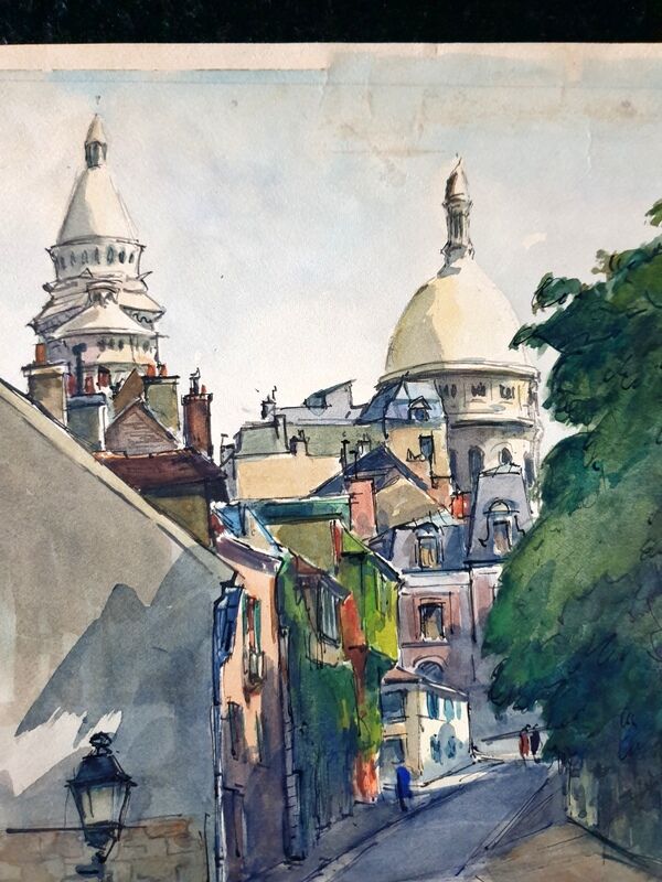 André Duculty (1912-1990) Watercolor on paper "Square du Sacré Coeur in Montmartre, Paris" Signed