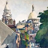 André Duculty (1912-1990) Watercolor on paper "Square du Sacré Coeur in Montmartre, Paris" Signed