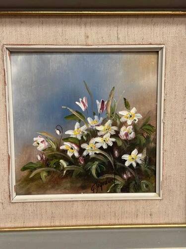 Mid-Century Oil on Panel “Flowers” by G. Sigrand, Vintage & Framed 24 × 24 cm
