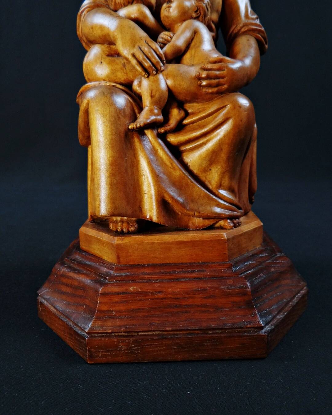 Virgin breastfeeding the Child Jesus and Saint John religious sculpture wood