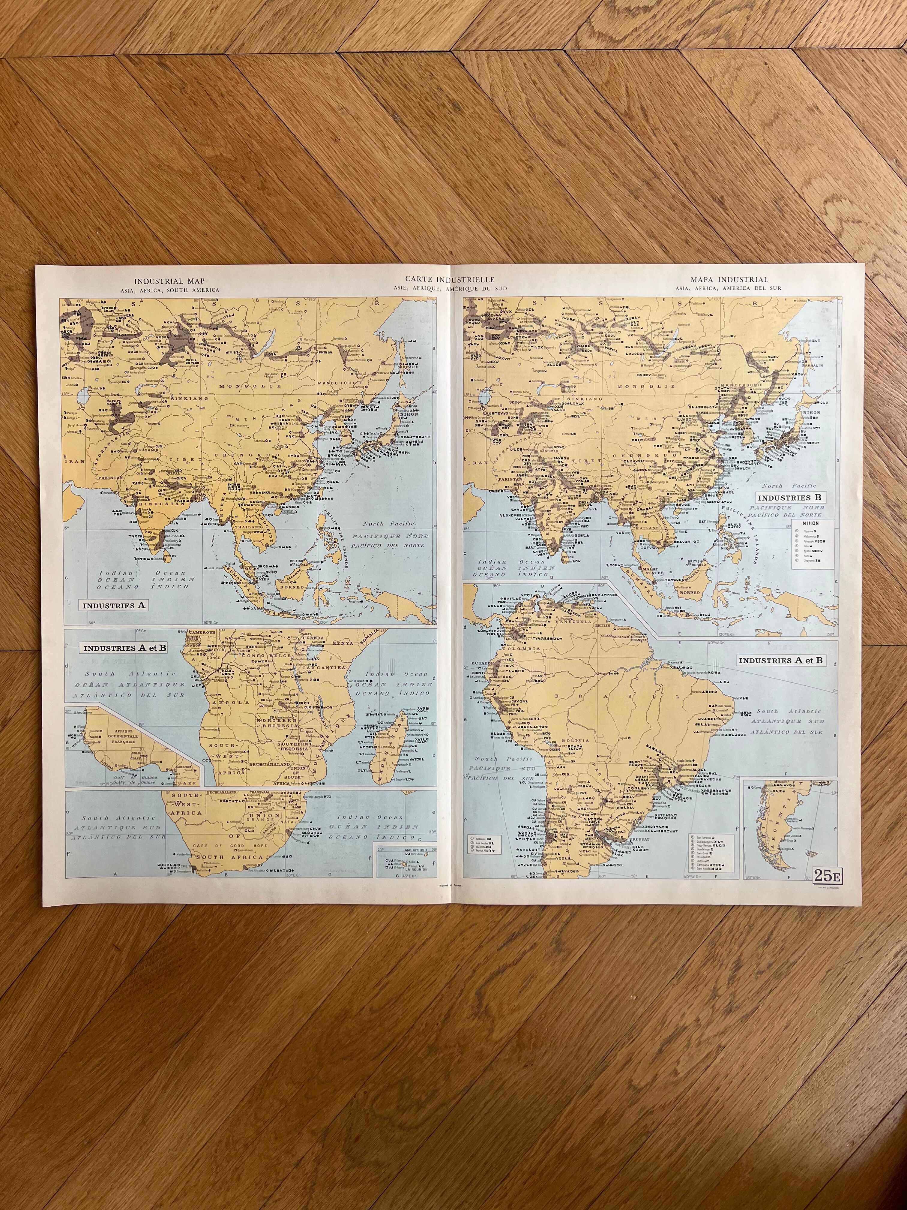 Carte industrielle ancienne Asie, Afrique & Amérique du Sud