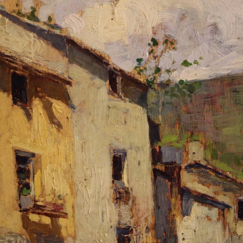 Italian landscape painting view of houses from the 20th century