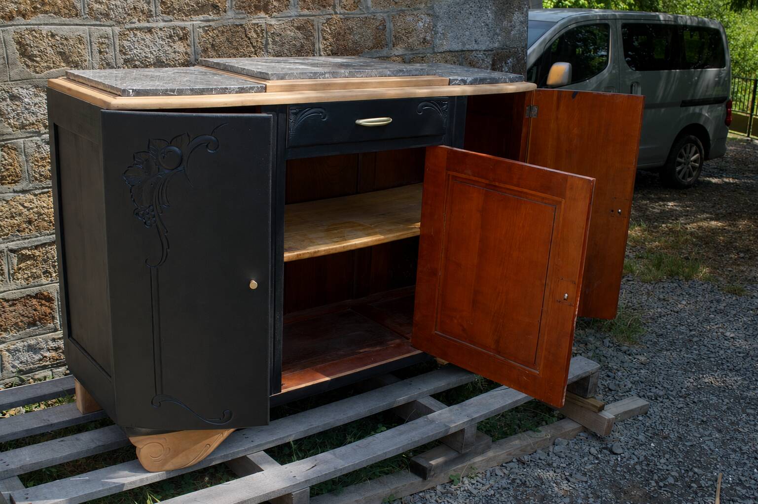Art Deco buffet with 3 doors in black – Original marble