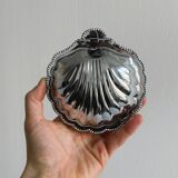 Silver metal butter dish with lid and matching spoon