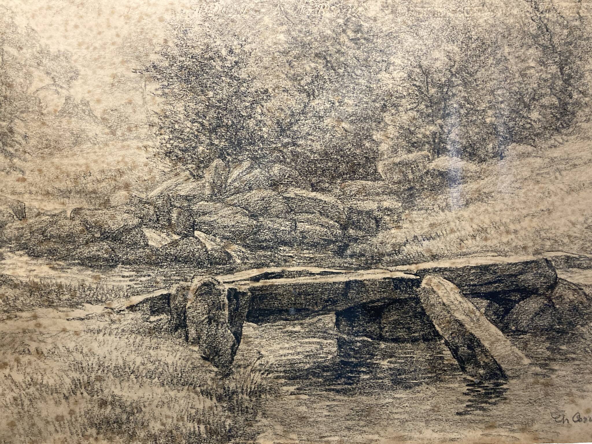 Corcuff, charcoal drawing of a bridge in Brittany signed early 20th century.